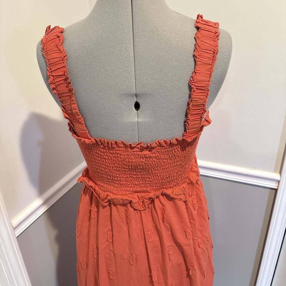 Farm Rio‎ smocked bodice 3D tonal pineapple embroidery Coral/Red M Maxi Dress - Picture 5 of 9